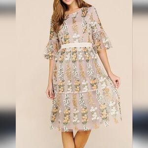 Pologram Women Nude Mesh Underlay Floral Embroidered Midi Dress Size S
